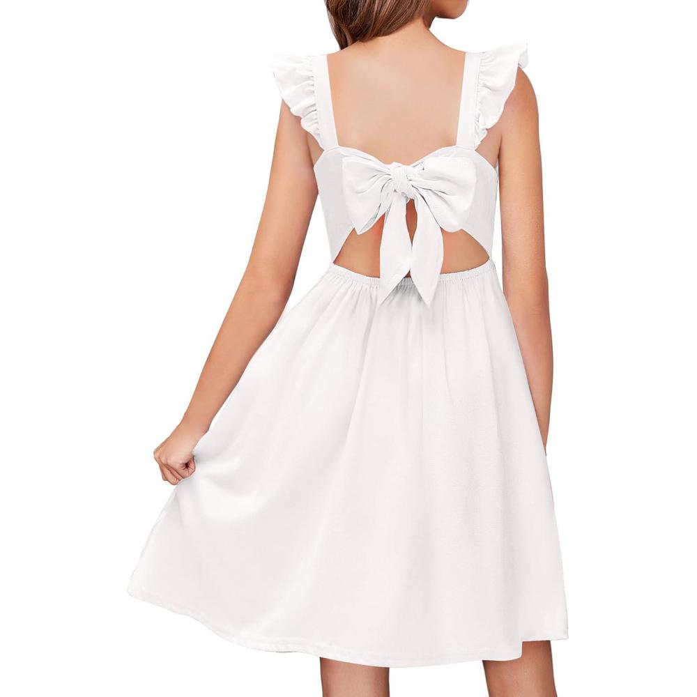 imageArshiner Girls Summer Dresses Square Neck Ruffle Sleeve Tie Back ALine Swing Casual Midi Dress with PocketsWhite