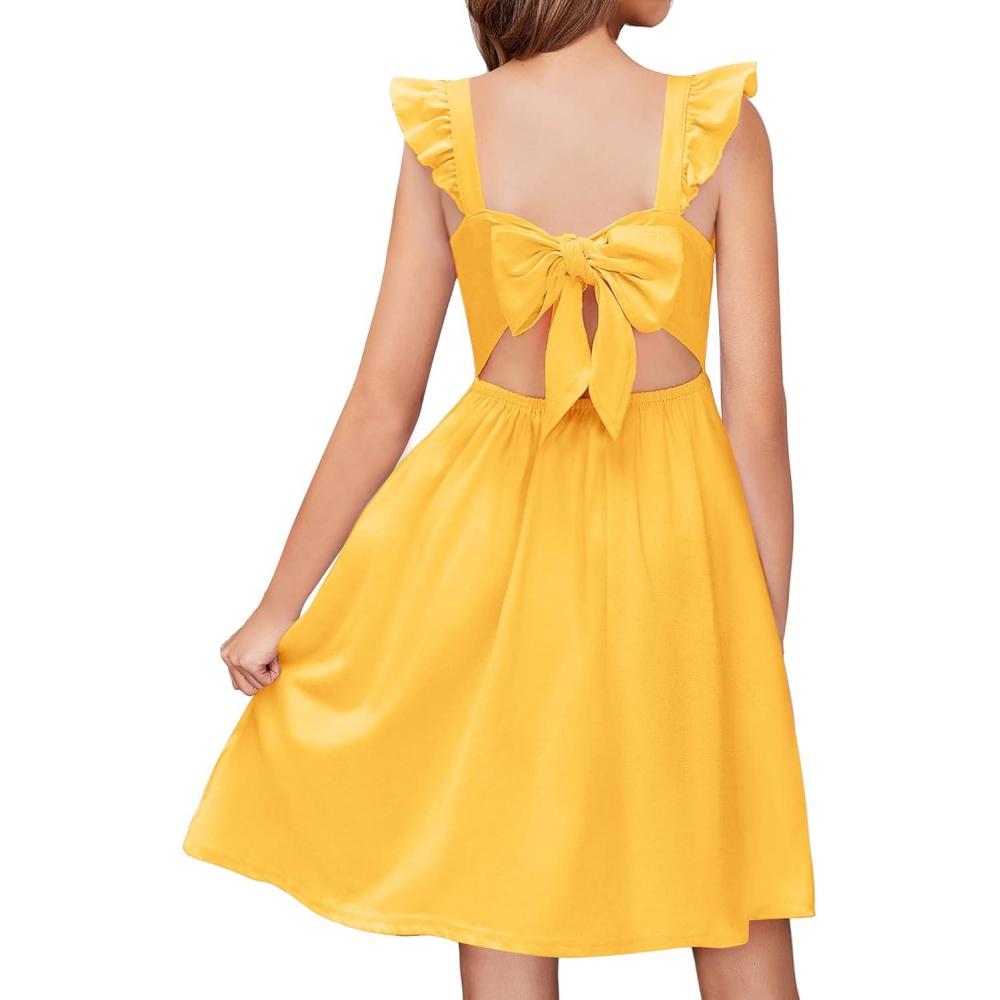 imageArshiner Girls Summer Dresses Square Neck Ruffle Sleeve Tie Back ALine Swing Casual Midi Dress with PocketsYellow