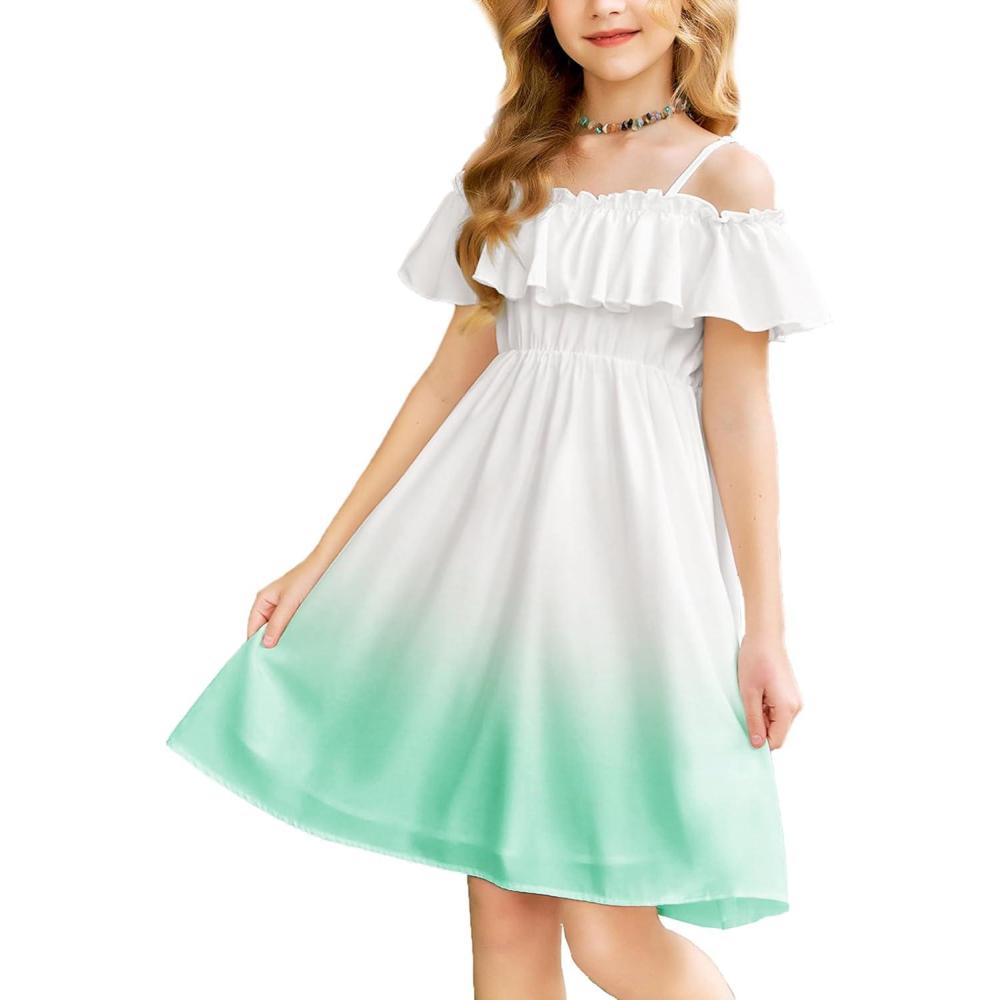 imageArshiner Girls Summer Floral Ruffle Sundress Cold Shoulder Casual Holiday DressesGreen Gradient