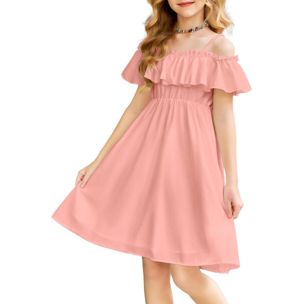 imageArshiner Girls Summer Floral Ruffle Sundress Cold Shoulder Casual Holiday DressesLight Pink