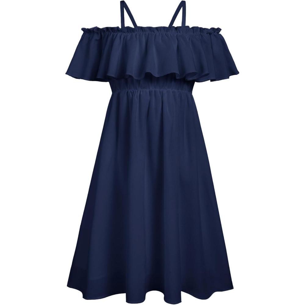 imageArshiner Girls Summer Floral Ruffle Sundress Cold Shoulder Casual Holiday DressesNavy Blue