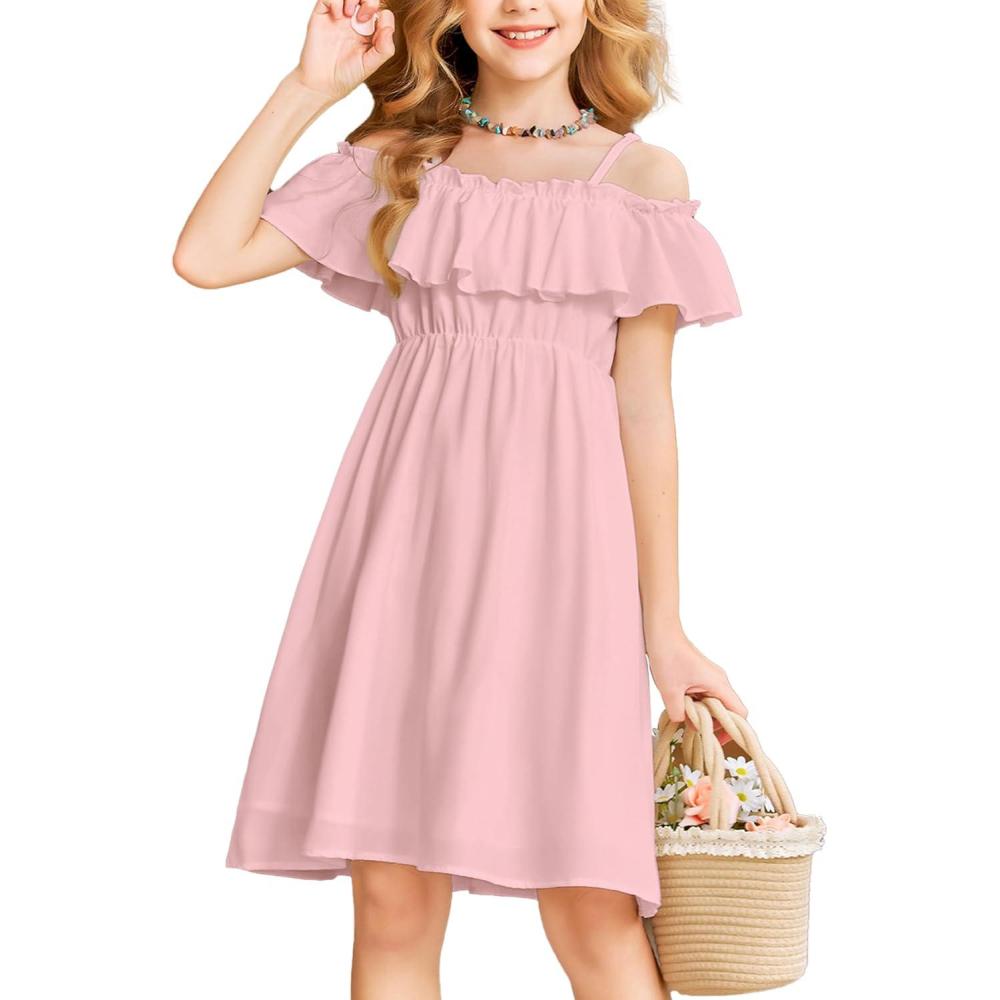 imageArshiner Girls Summer Floral Ruffle Sundress Cold Shoulder Casual Holiday DressesPink