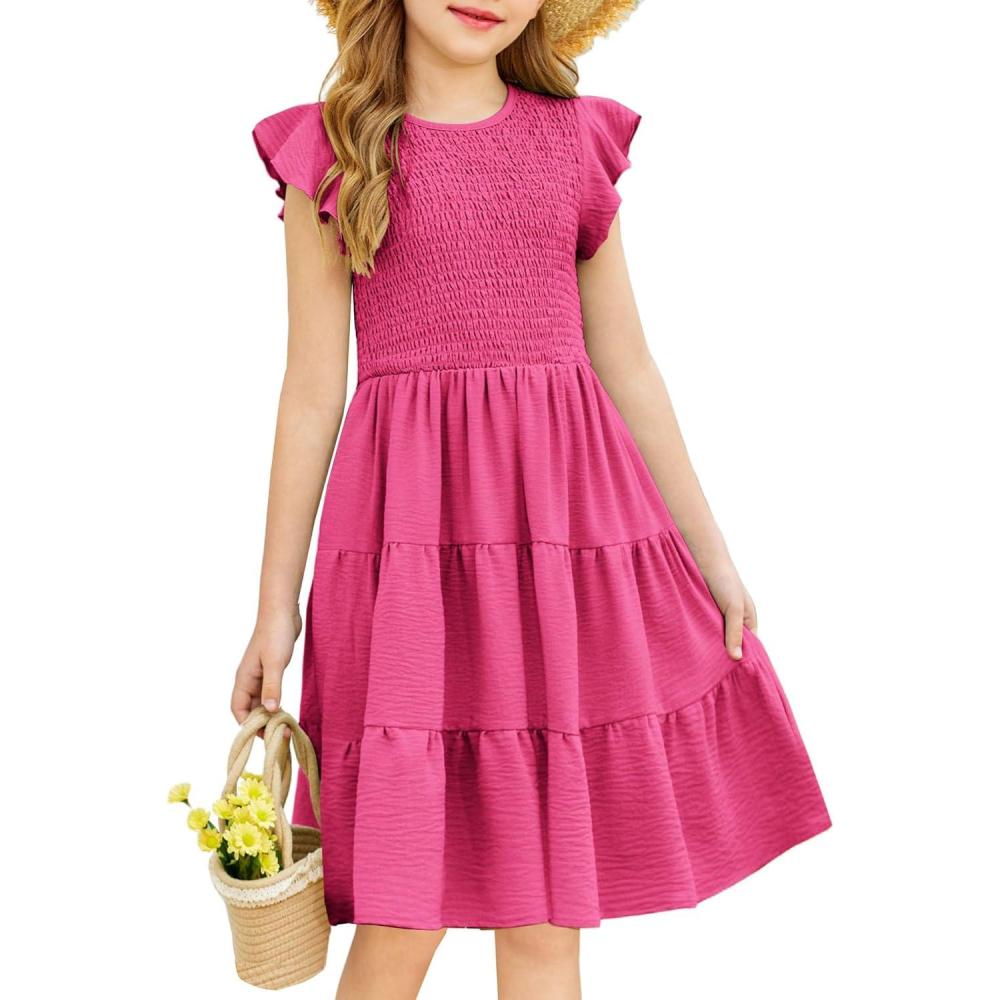 imageArshiner Girls Summer Flutter Short Sleeve Sundress Smocked Elastic Waist Tiered Midi Dress with PocketsHot Pink