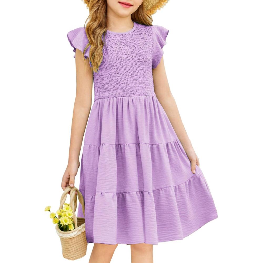 imageArshiner Girls Summer Flutter Short Sleeve Sundress Smocked Elastic Waist Tiered Midi Dress with PocketsLavender