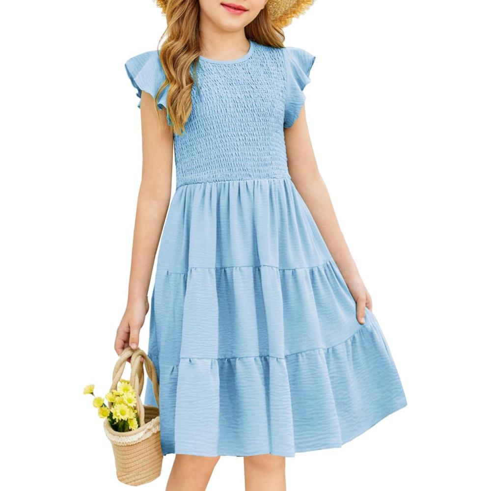 imageArshiner Girls Summer Flutter Short Sleeve Sundress Smocked Elastic Waist Tiered Midi Dress with PocketsLight Blue
