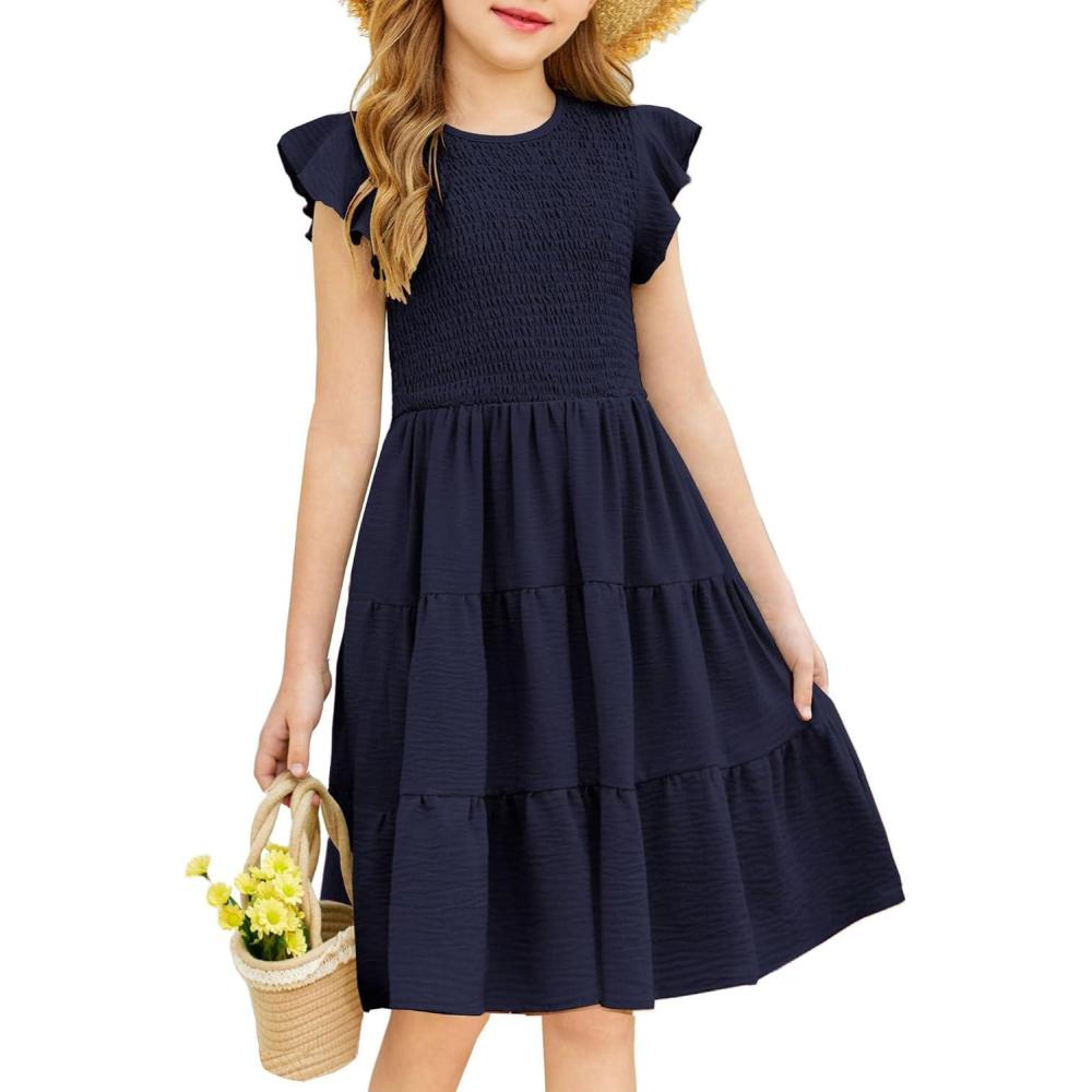 imageArshiner Girls Summer Flutter Short Sleeve Sundress Smocked Elastic Waist Tiered Midi Dress with PocketsNavy Blue