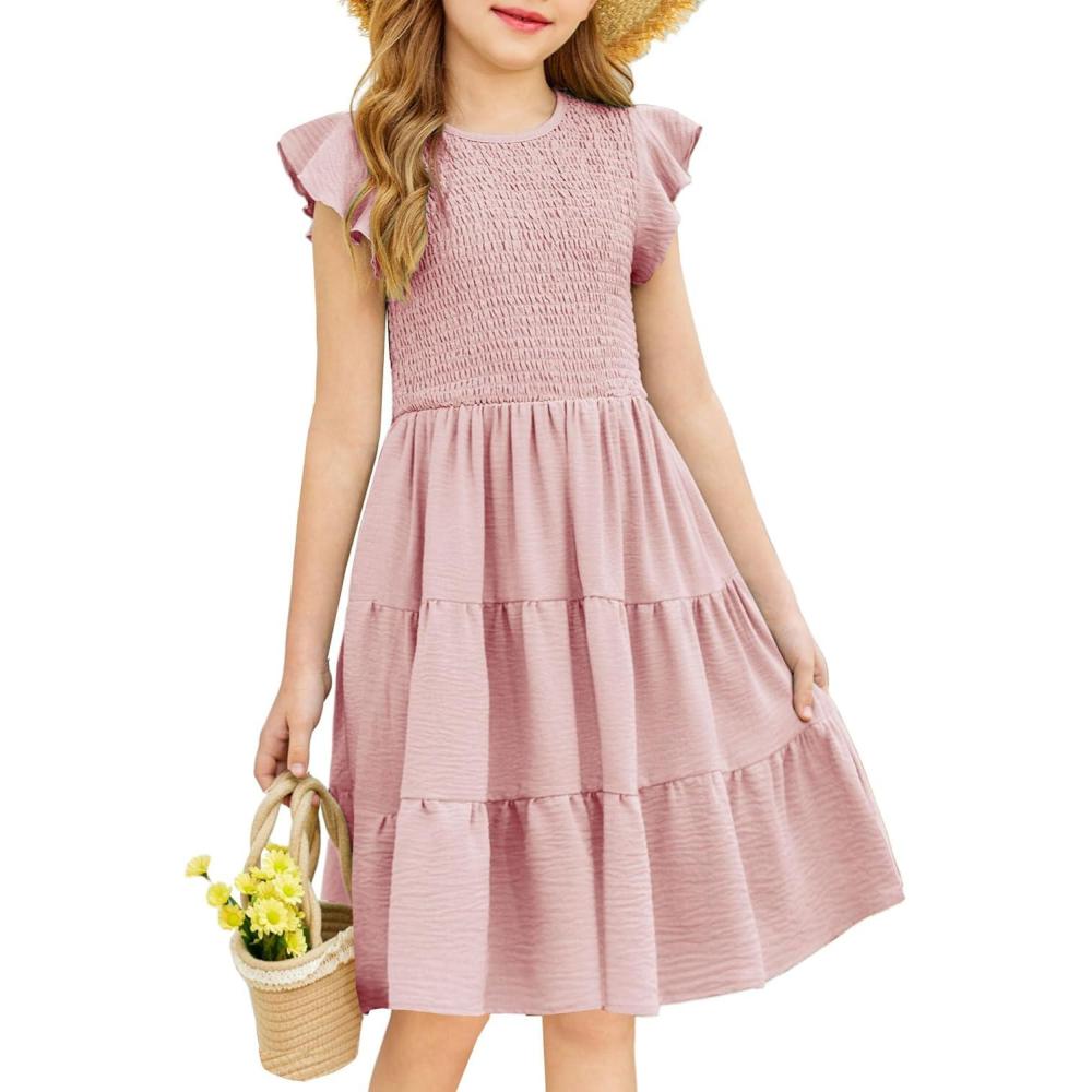 imageArshiner Girls Summer Flutter Short Sleeve Sundress Smocked Elastic Waist Tiered Midi Dress with PocketsPink