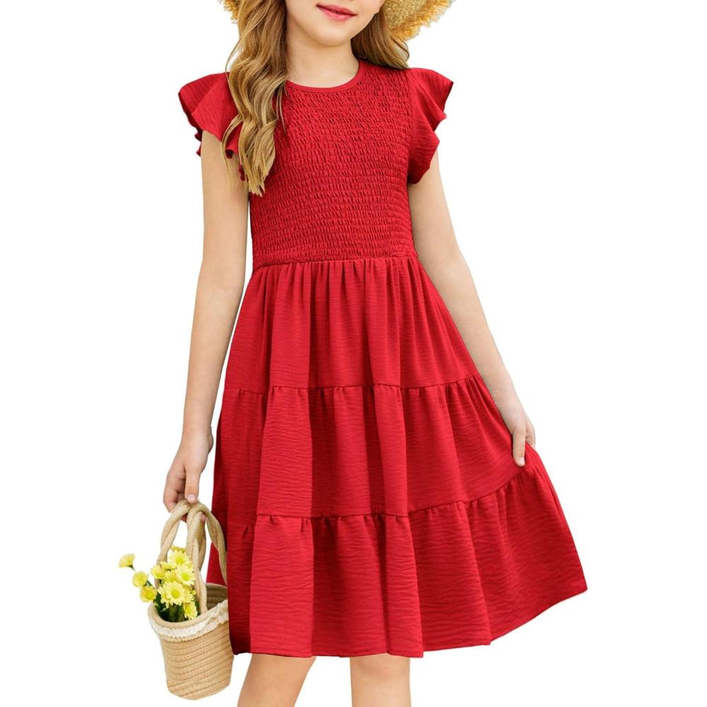 imageArshiner Girls Summer Flutter Short Sleeve Sundress Smocked Elastic Waist Tiered Midi Dress with PocketsRed