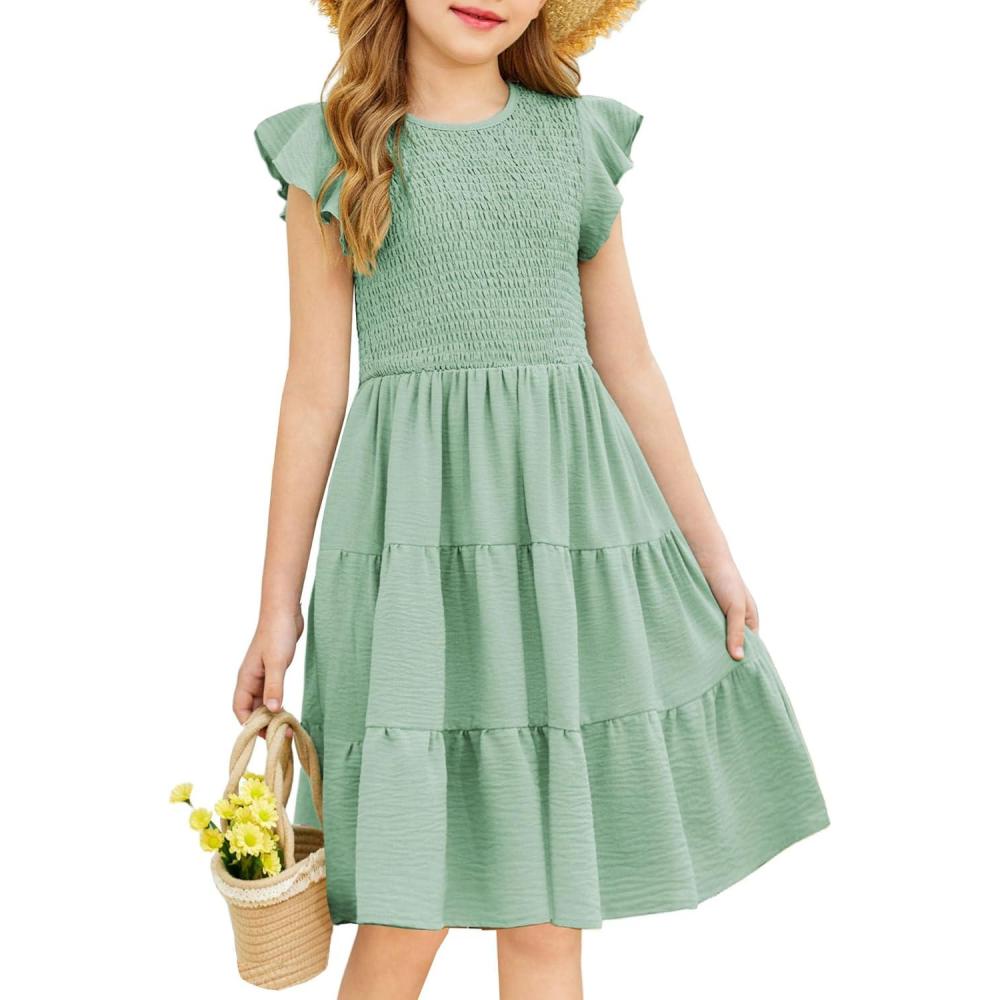 imageArshiner Girls Summer Flutter Short Sleeve Sundress Smocked Elastic Waist Tiered Midi Dress with PocketsSage Green