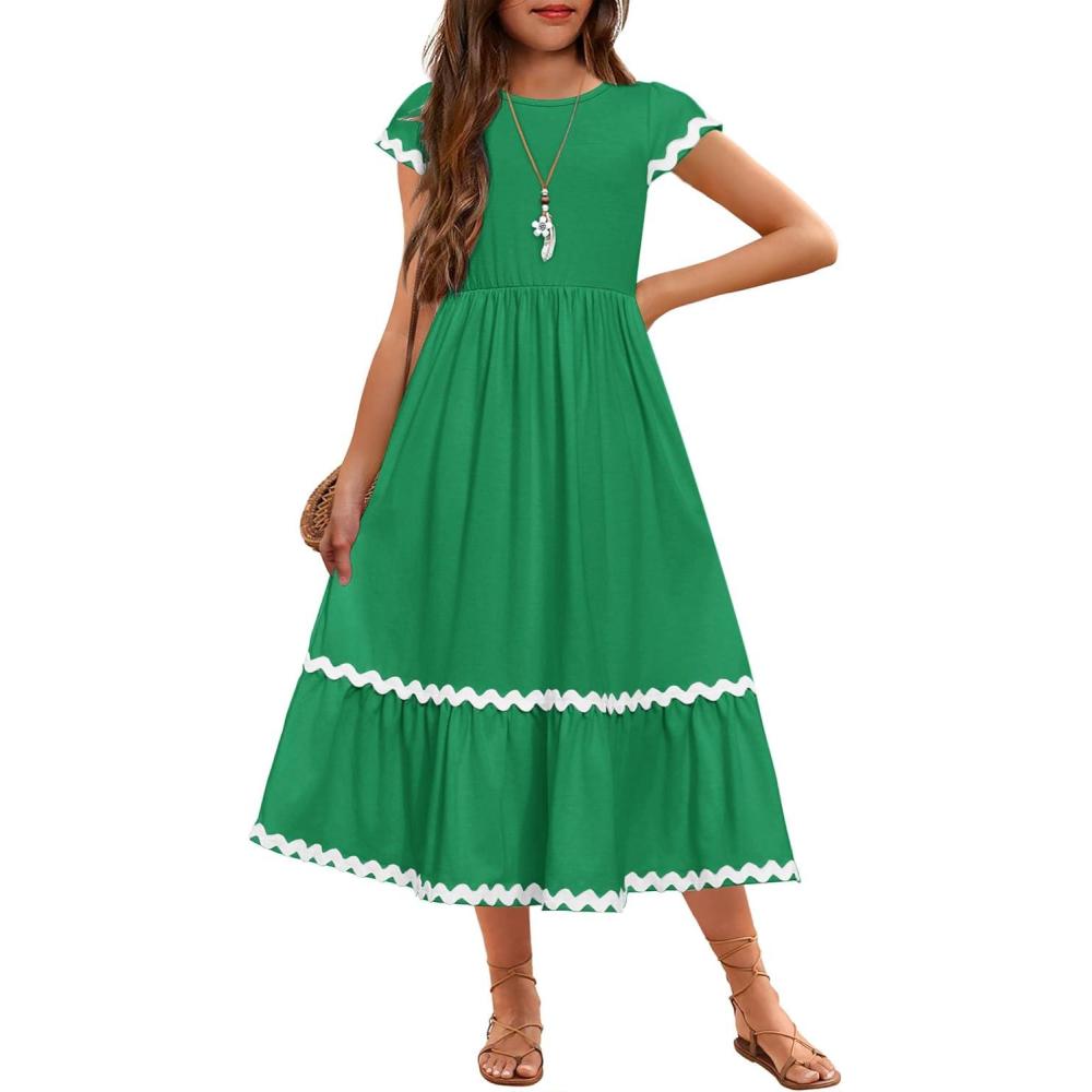 imageArshiner Girls Summer Maxi Dresses Short Sleeve Casual Flowy Tiered Dress with Pockets for 414 YearsGreen