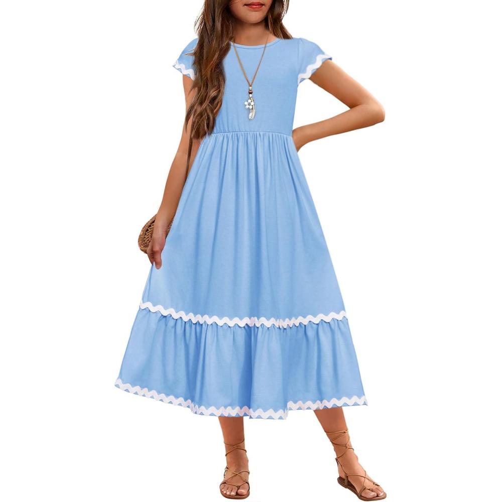 imageArshiner Girls Summer Maxi Dresses Short Sleeve Casual Flowy Tiered Dress with Pockets for 414 YearsLight Blue