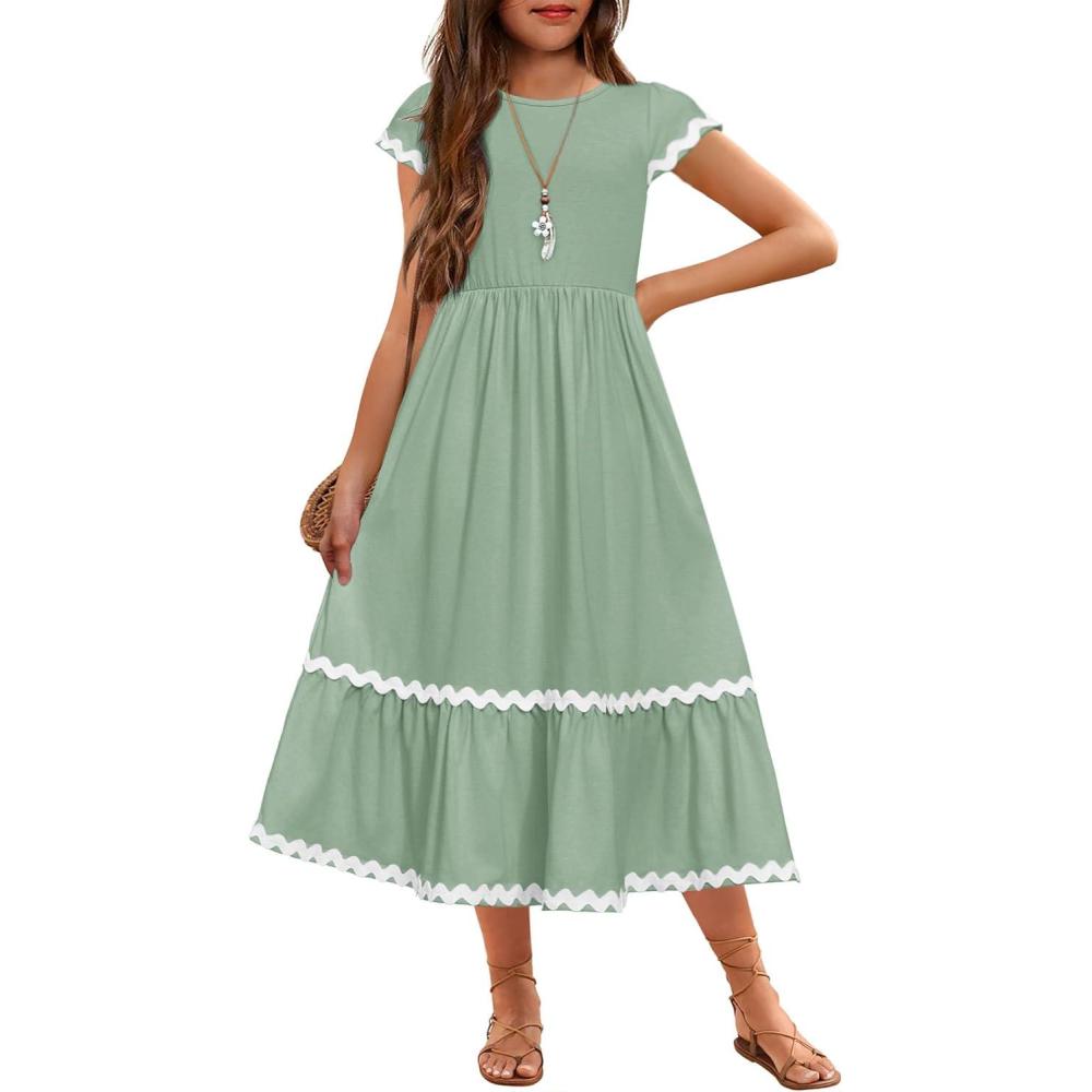 imageArshiner Girls Summer Maxi Dresses Short Sleeve Casual Flowy Tiered Dress with Pockets for 414 YearsLight Green
