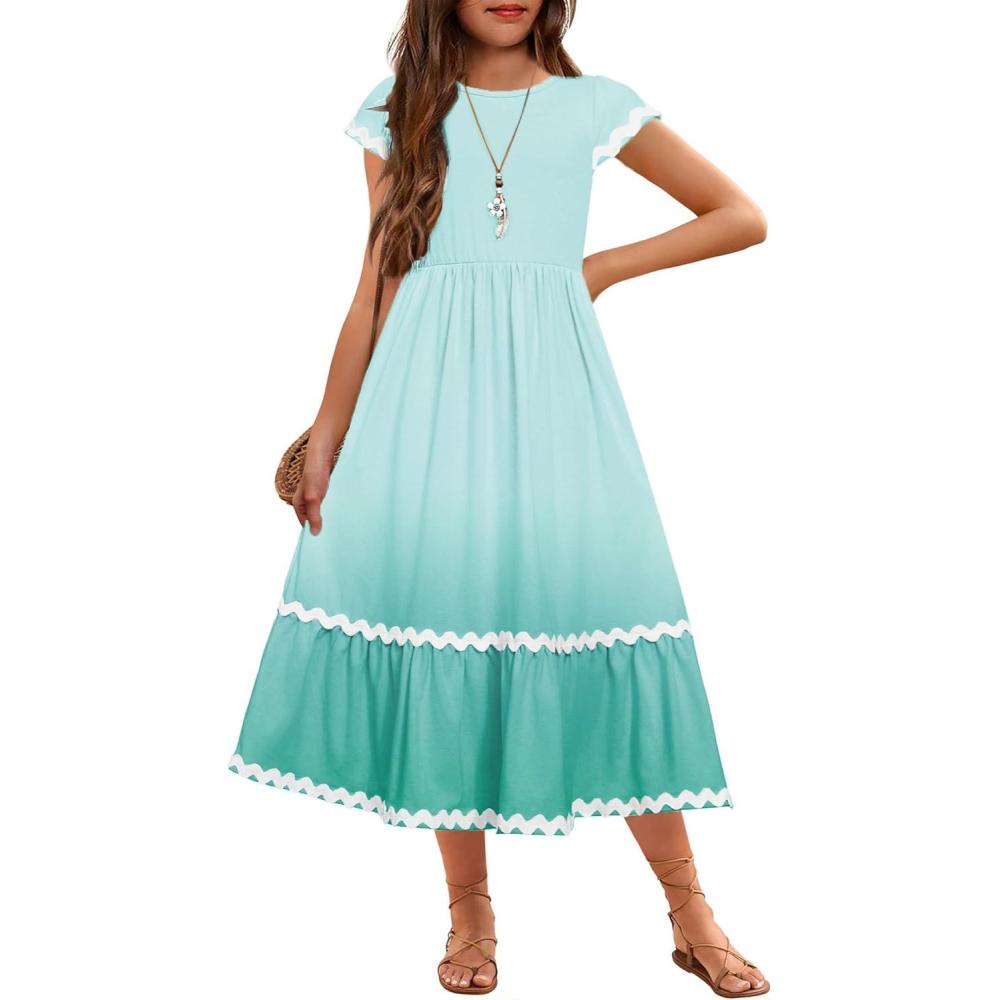 imageArshiner Girls Summer Maxi Dresses Short Sleeve Casual Flowy Tiered Dress with Pockets for 414 YearsLight Green Gradient
