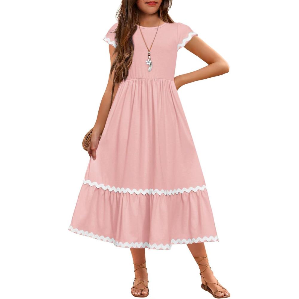 imageArshiner Girls Summer Maxi Dresses Short Sleeve Casual Flowy Tiered Dress with Pockets for 414 YearsLight Pink