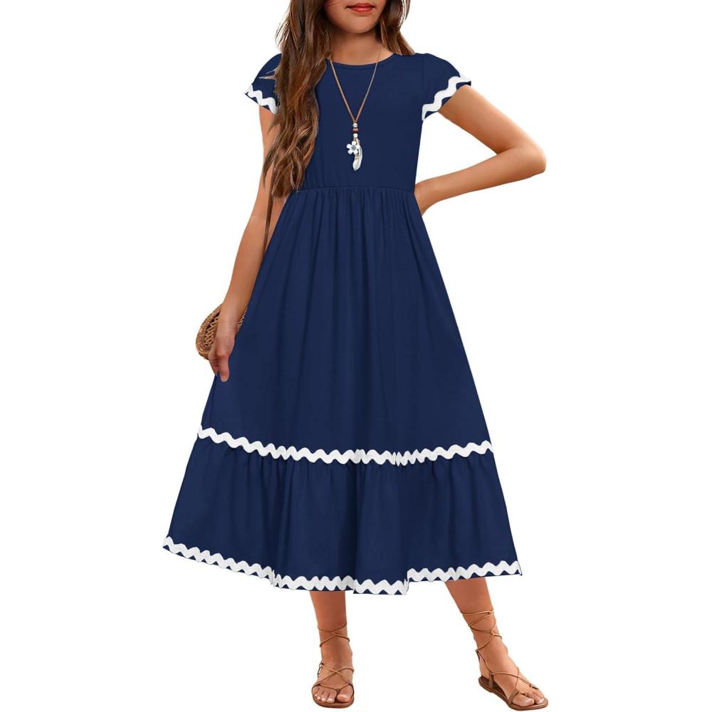 imageArshiner Girls Summer Maxi Dresses Short Sleeve Casual Flowy Tiered Dress with Pockets for 414 YearsNavy Blue