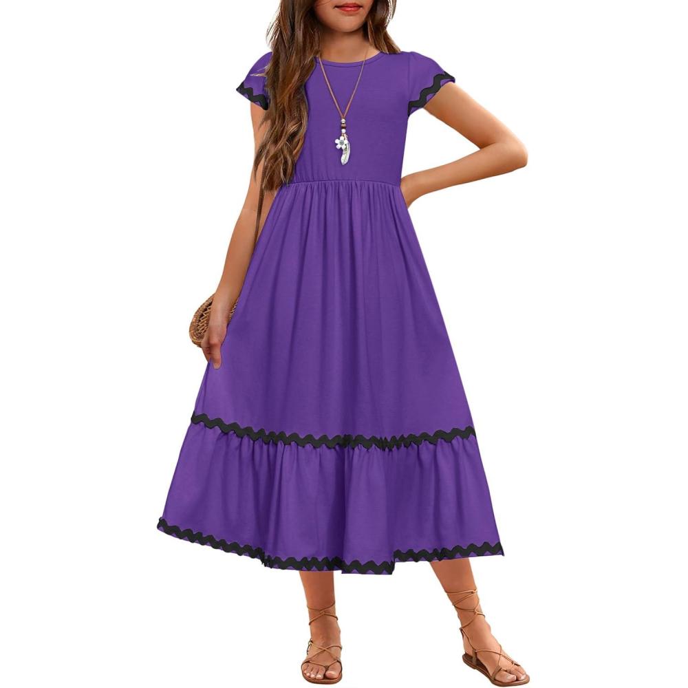 imageArshiner Girls Summer Maxi Dresses Short Sleeve Casual Flowy Tiered Dress with Pockets for 414 YearsPurple