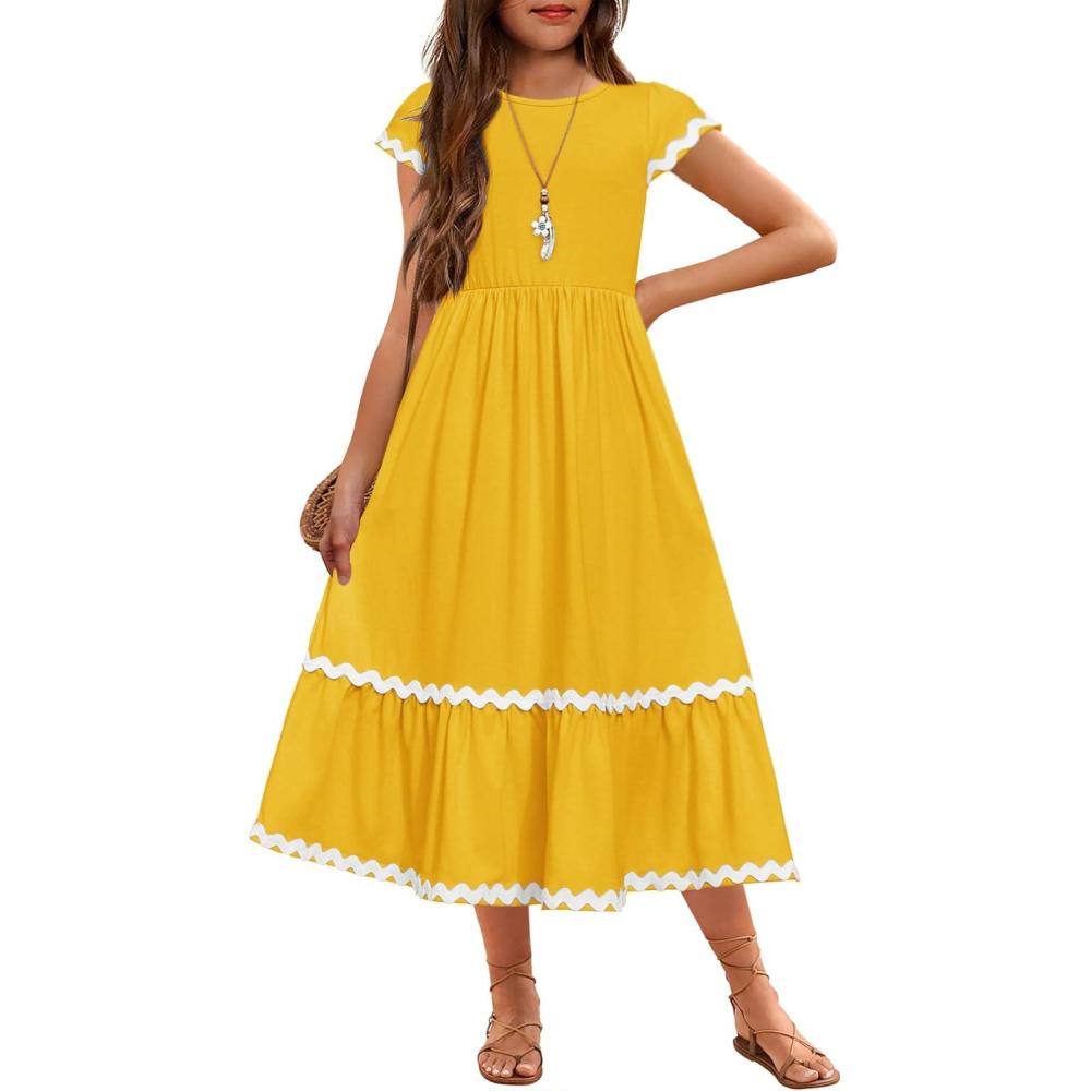 imageArshiner Girls Summer Maxi Dresses Short Sleeve Casual Flowy Tiered Dress with Pockets for 414 YearsYellow