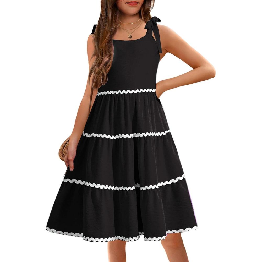 imageArshiner Girls Summer Sleeveless BowTie Straps Sundress Flowy Smocked Backless Tiered Lace Swing Midi Dress with PocketsBlack