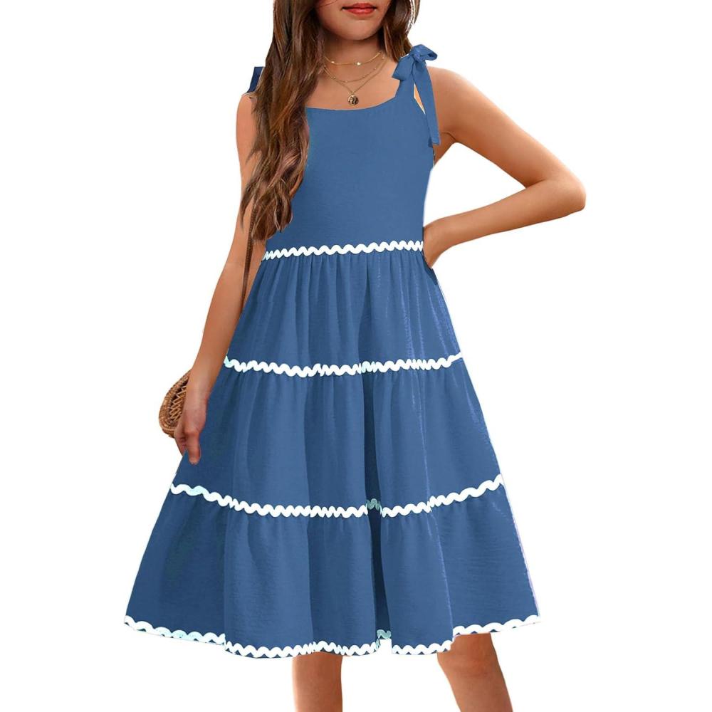 imageArshiner Girls Summer Sleeveless BowTie Straps Sundress Flowy Smocked Backless Tiered Lace Swing Midi Dress with PocketsBlue