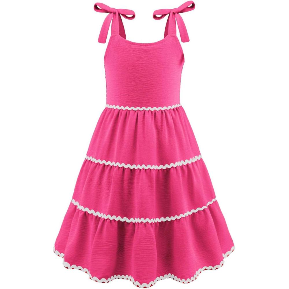 imageArshiner Girls Summer Sleeveless BowTie Straps Sundress Flowy Smocked Backless Tiered Lace Swing Midi Dress with PocketsHot Pink