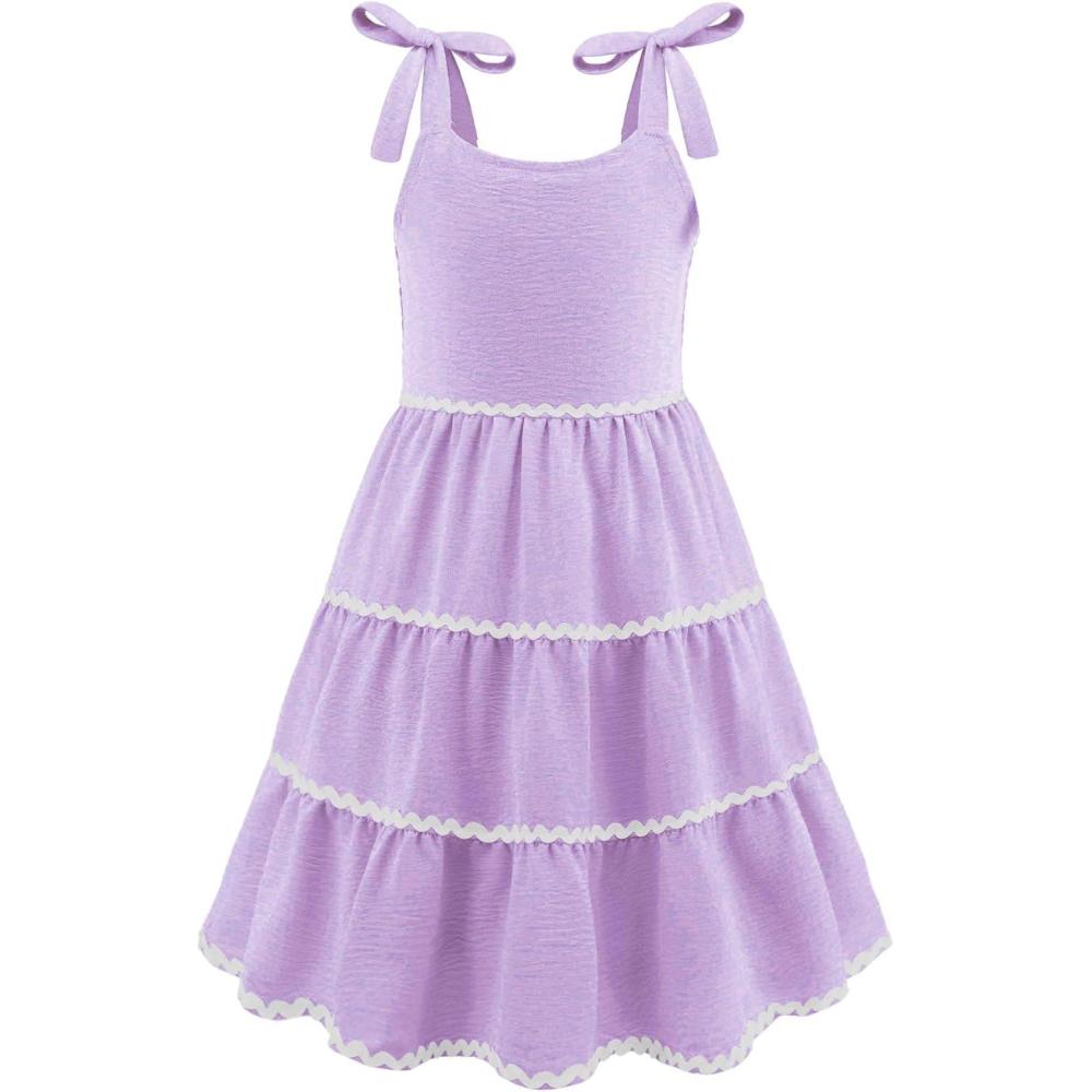 imageArshiner Girls Summer Sleeveless BowTie Straps Sundress Flowy Smocked Backless Tiered Lace Swing Midi Dress with PocketsLavender