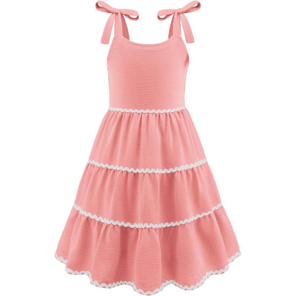 imageArshiner Girls Summer Sleeveless BowTie Straps Sundress Flowy Smocked Backless Tiered Lace Swing Midi Dress with PocketsOrange Pink
