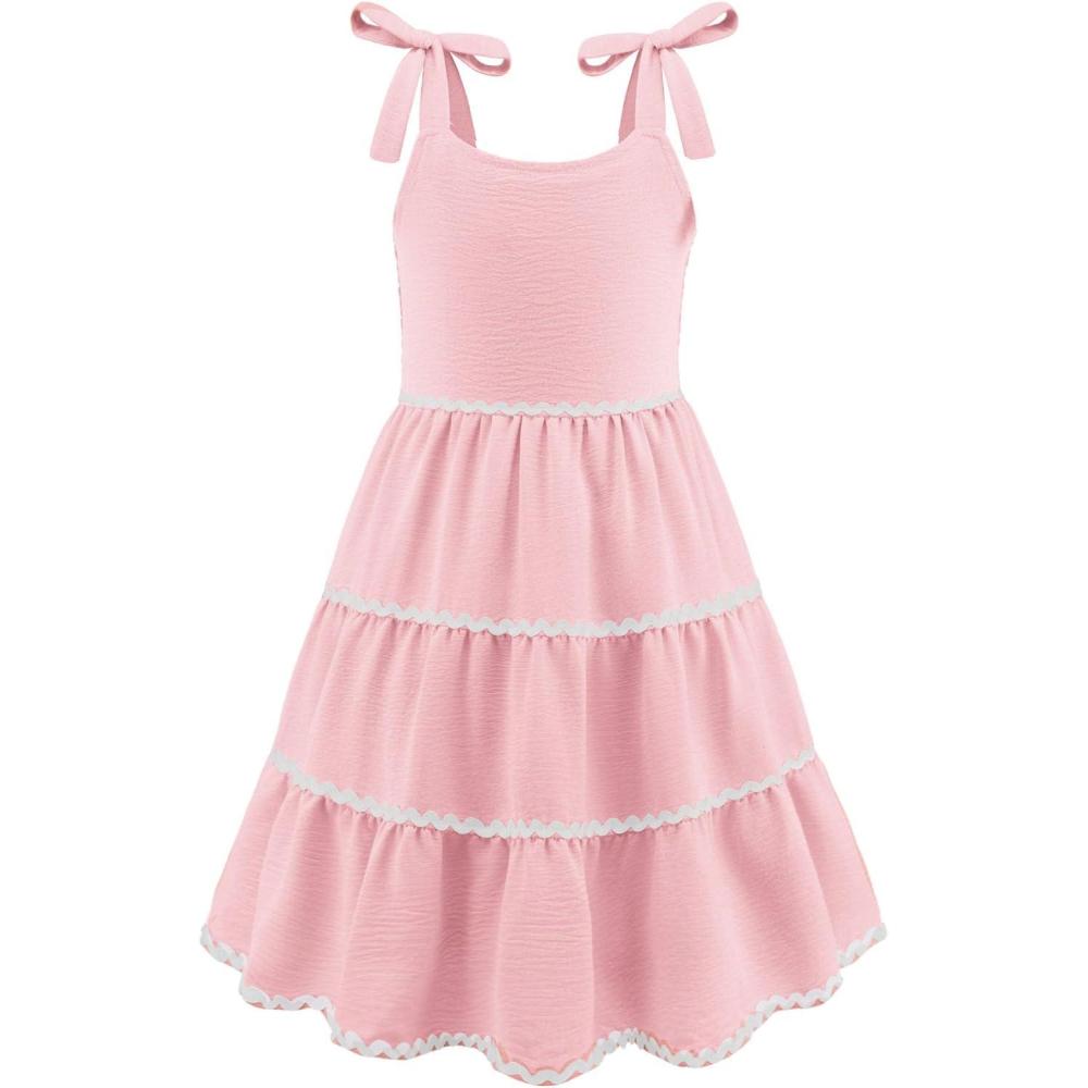 imageArshiner Girls Summer Sleeveless BowTie Straps Sundress Flowy Smocked Backless Tiered Lace Swing Midi Dress with PocketsPink