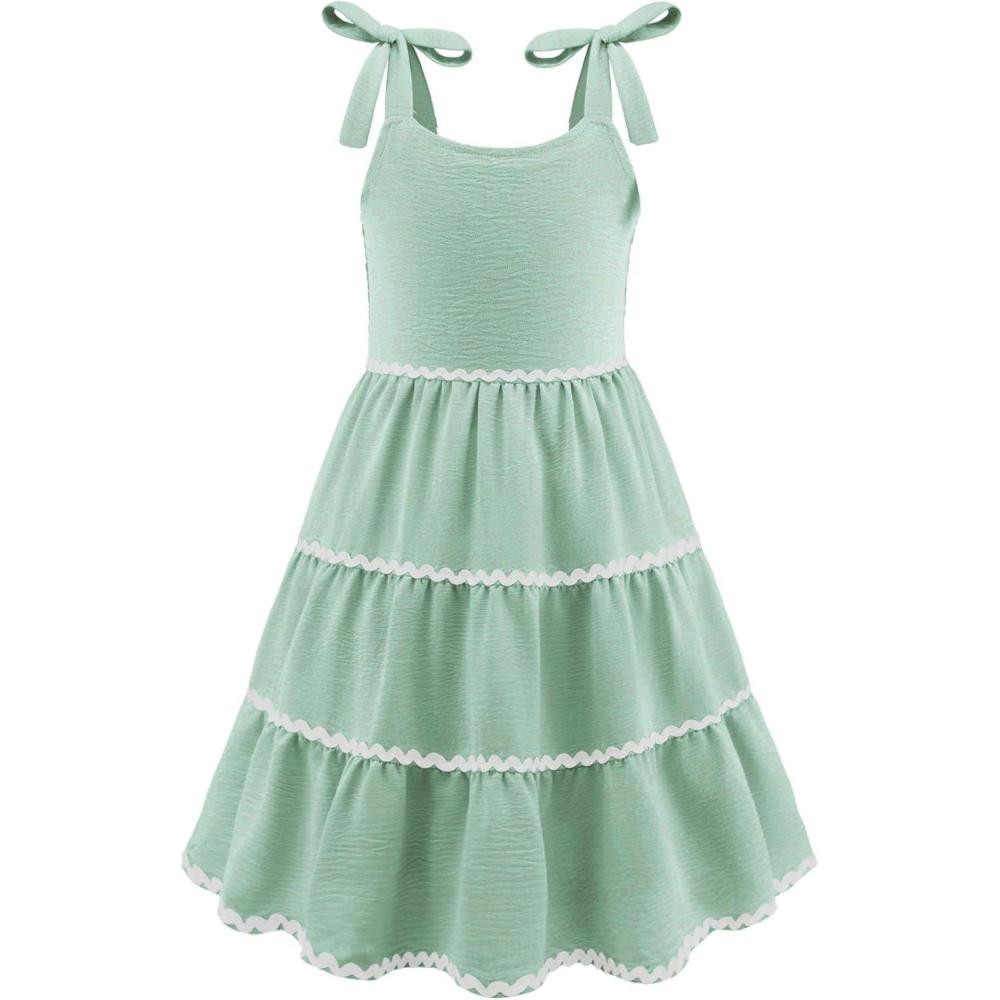 imageArshiner Girls Summer Sleeveless BowTie Straps Sundress Flowy Smocked Backless Tiered Lace Swing Midi Dress with PocketsSage Green