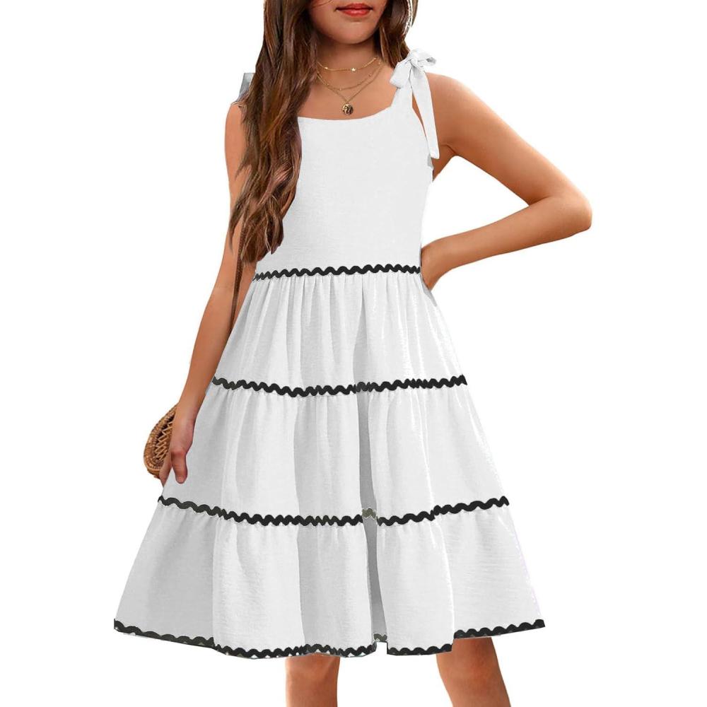 imageArshiner Girls Summer Sleeveless BowTie Straps Sundress Flowy Smocked Backless Tiered Lace Swing Midi Dress with PocketsWhite