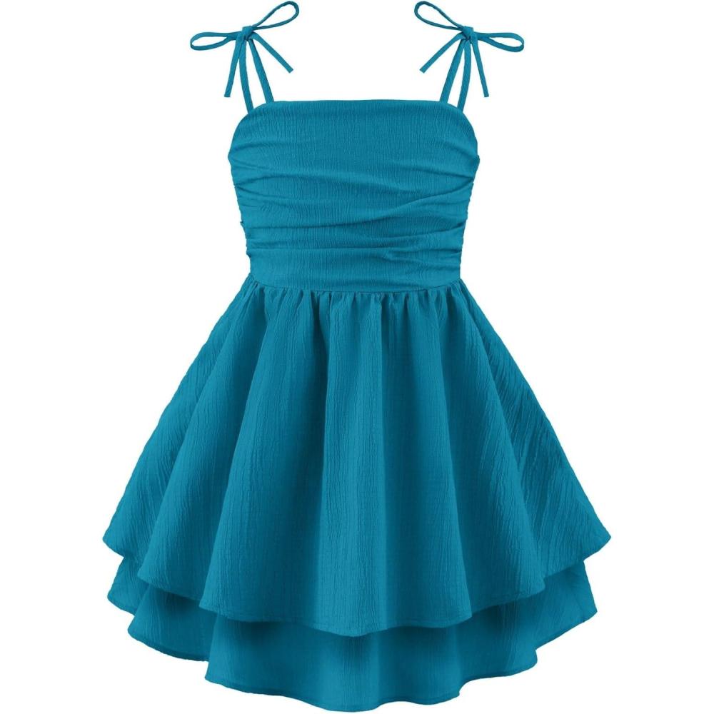 imageArshiner Girls Summer Spaghetti Strap Dresses Flowy Tiered Ruched Smocked Back Casual Beach Midi SundressBlue