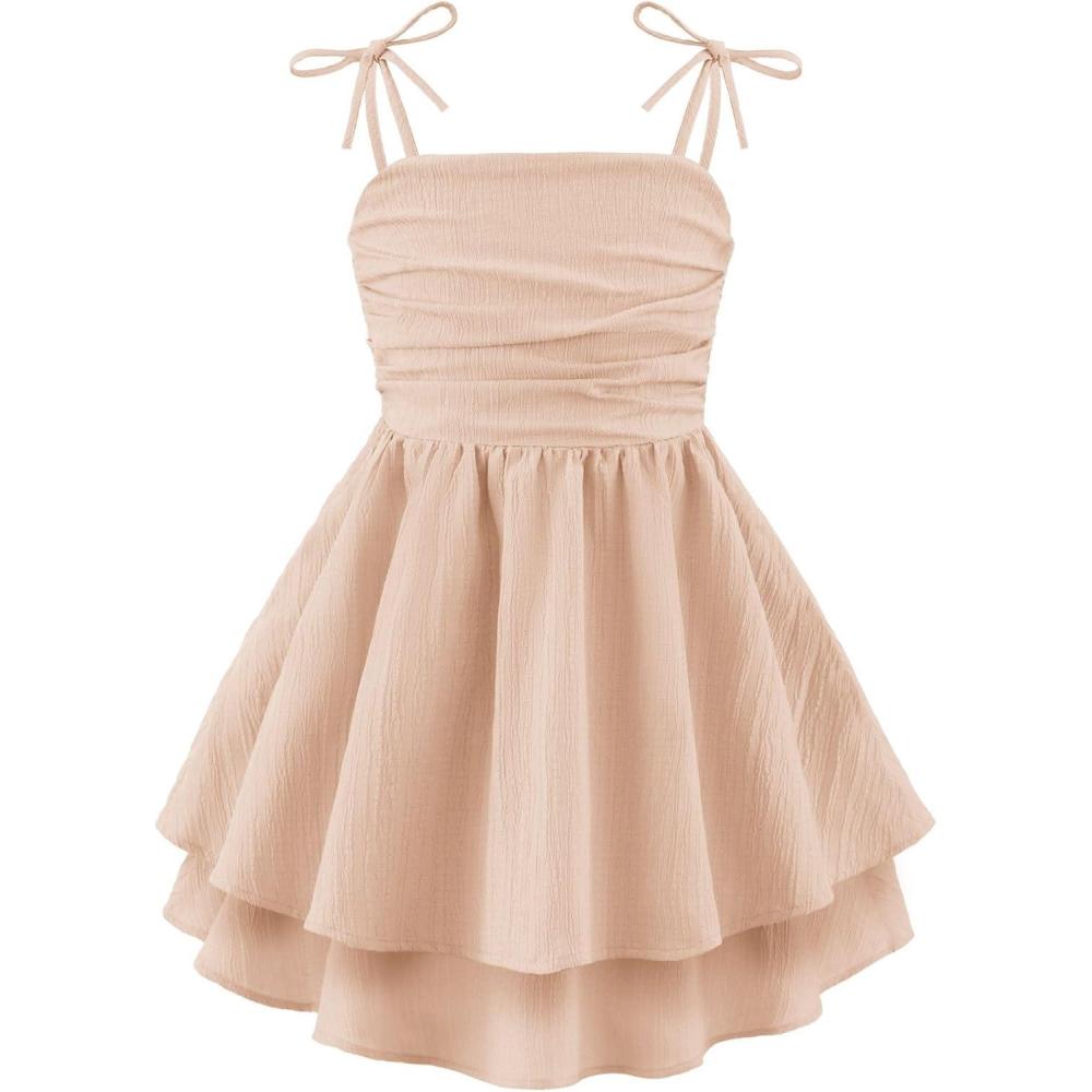 imageArshiner Girls Summer Spaghetti Strap Dresses Flowy Tiered Ruched Smocked Back Casual Beach Midi SundressChampagne