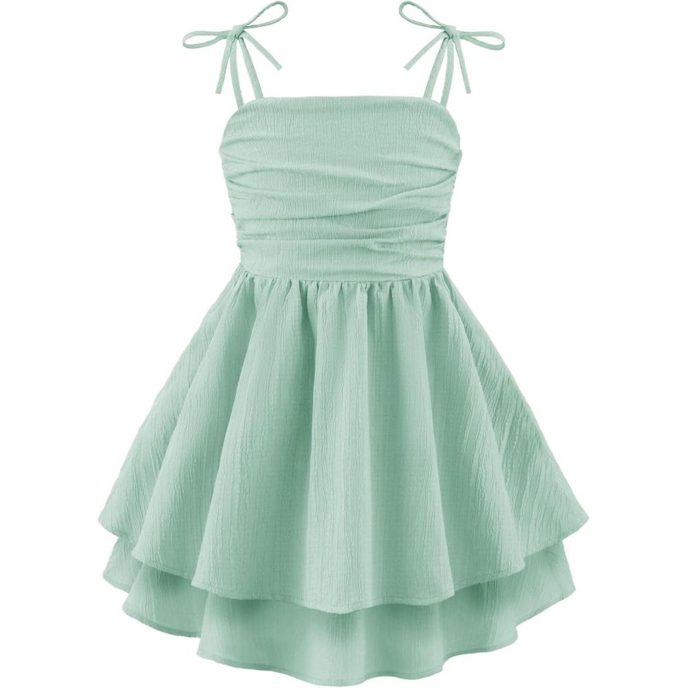imageArshiner Girls Summer Spaghetti Strap Dresses Flowy Tiered Ruched Smocked Back Casual Beach Midi SundressGreen