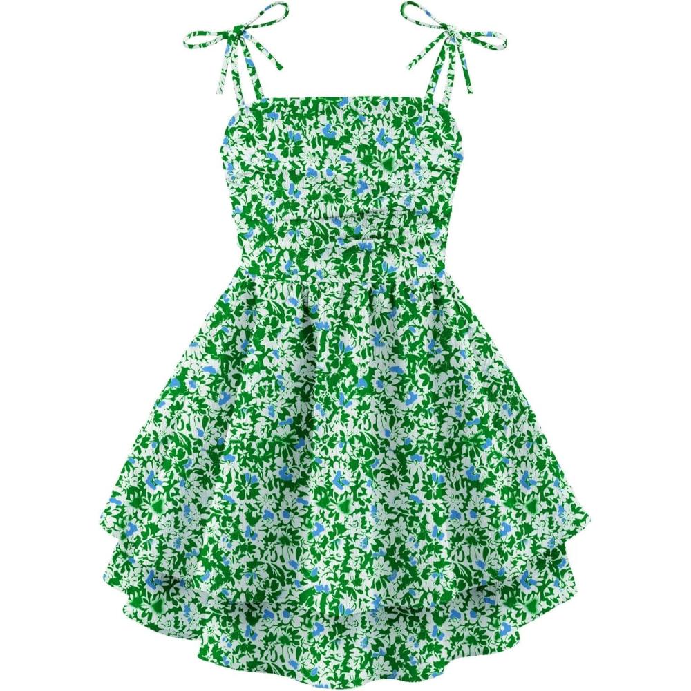 imageArshiner Girls Summer Spaghetti Strap Dresses Flowy Tiered Ruched Smocked Back Casual Beach Midi SundressGreen Floral