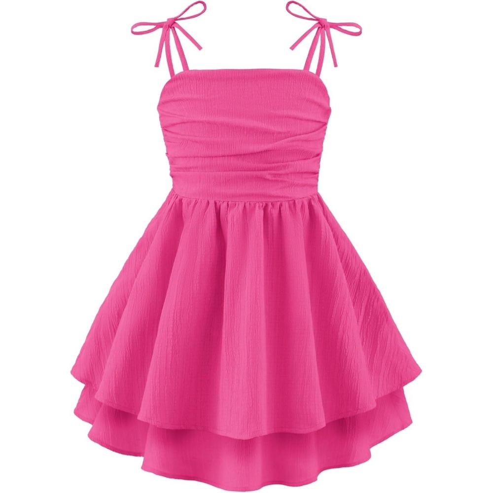imageArshiner Girls Summer Spaghetti Strap Dresses Flowy Tiered Ruched Smocked Back Casual Beach Midi SundressHot Pink