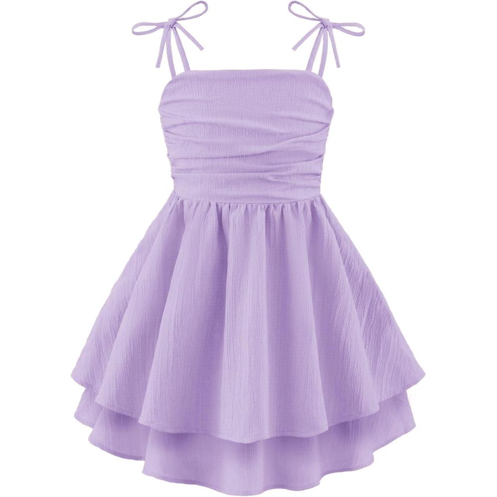 imageArshiner Girls Summer Spaghetti Strap Dresses Flowy Tiered Ruched Smocked Back Casual Beach Midi SundressLavender