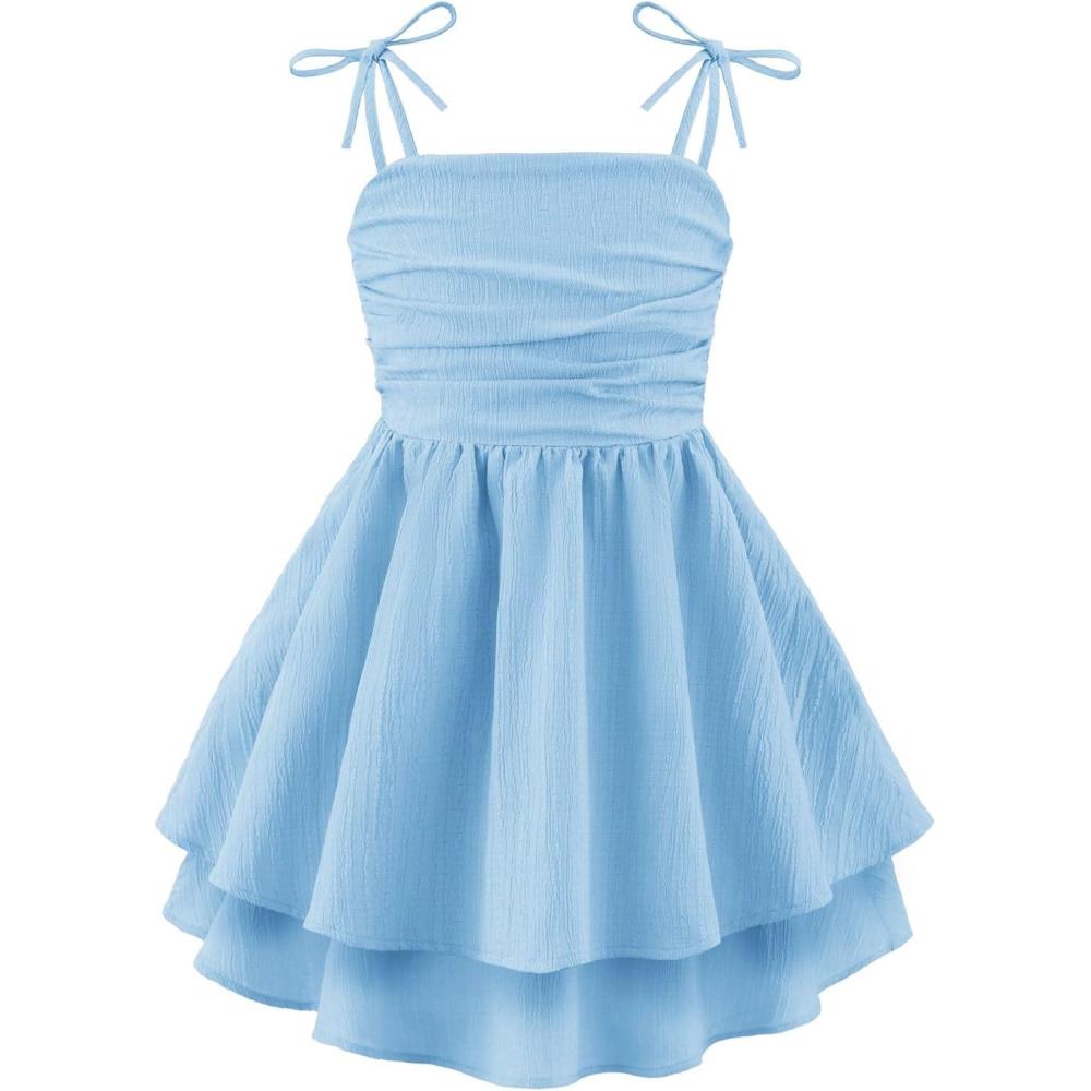 imageArshiner Girls Summer Spaghetti Strap Dresses Flowy Tiered Ruched Smocked Back Casual Beach Midi SundressLight Blue