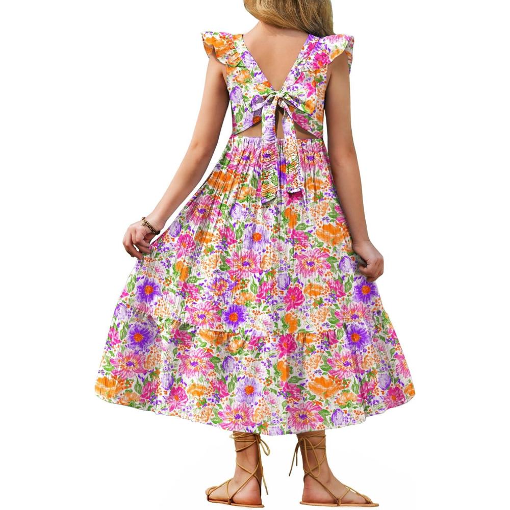 imageArshiner Girls Summer Tie Back Dress Tween Boho Casual Square Neck Flutter Sleeve Maxi Dresses with PocketsPink Floral
