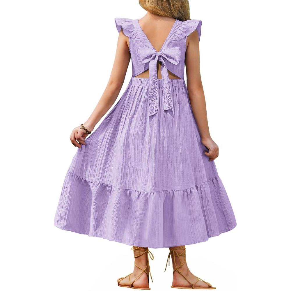 imageArshiner Girls Summer Tie Back Dress Tween Boho Casual Square Neck Flutter Sleeve Maxi Dresses with PocketsPurple