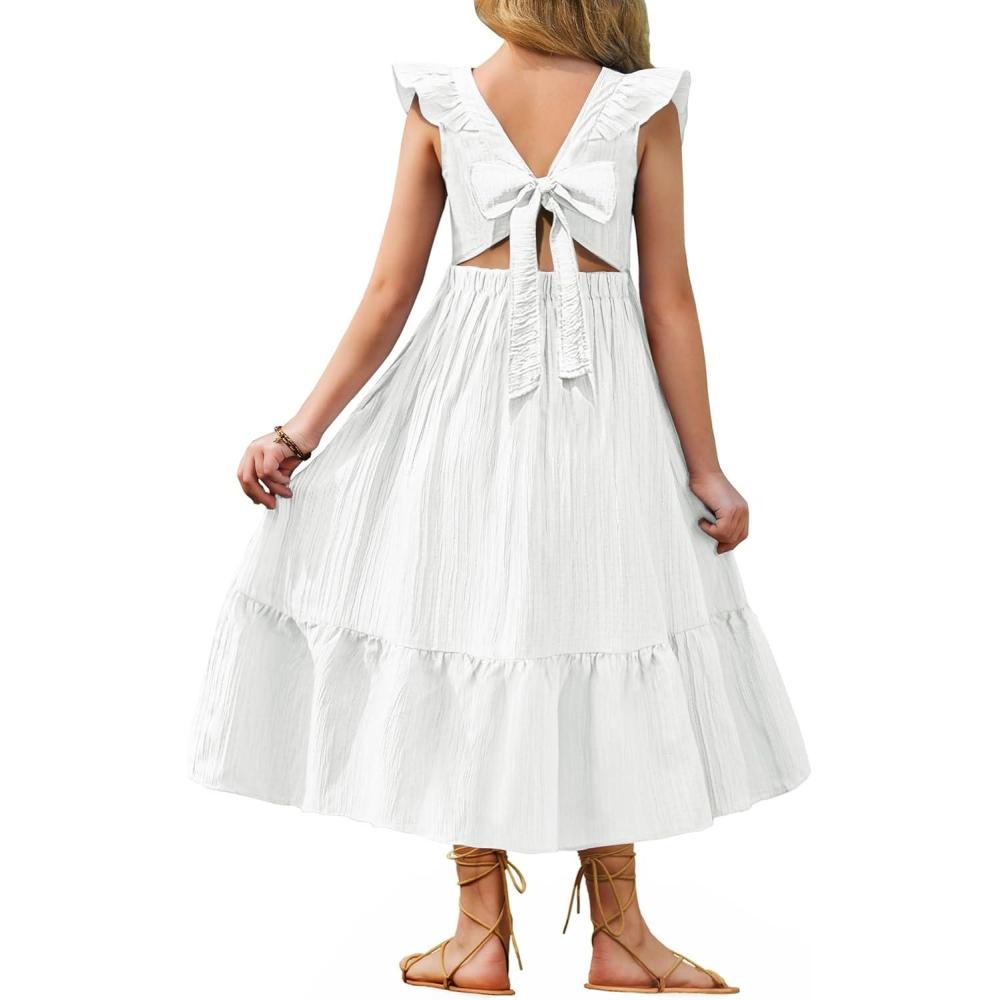 imageArshiner Girls Summer Tie Back Dress Tween Boho Casual Square Neck Flutter Sleeve Maxi Dresses with PocketsWhite