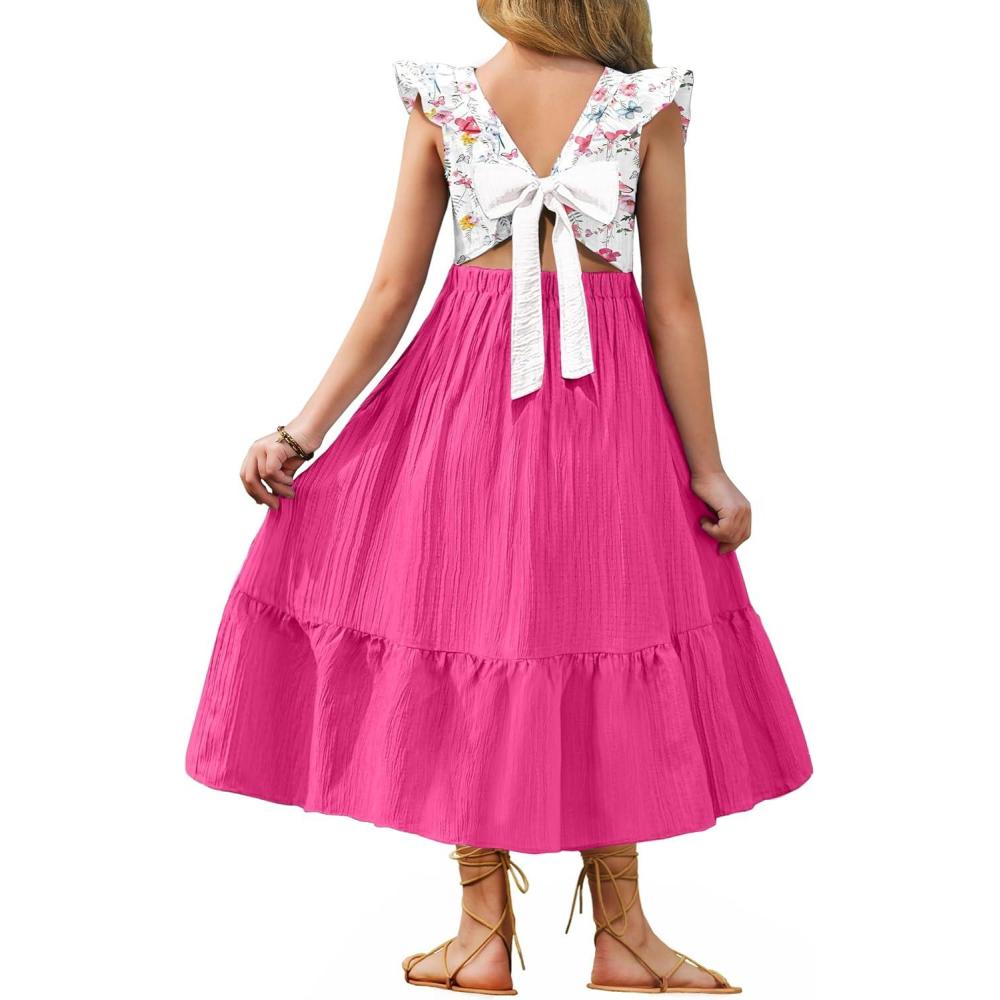 imageArshiner Girls Summer Tie Back Dress Tween Boho Casual Square Neck Flutter Sleeve Maxi Dresses with PocketsWhite Floral Butterfly