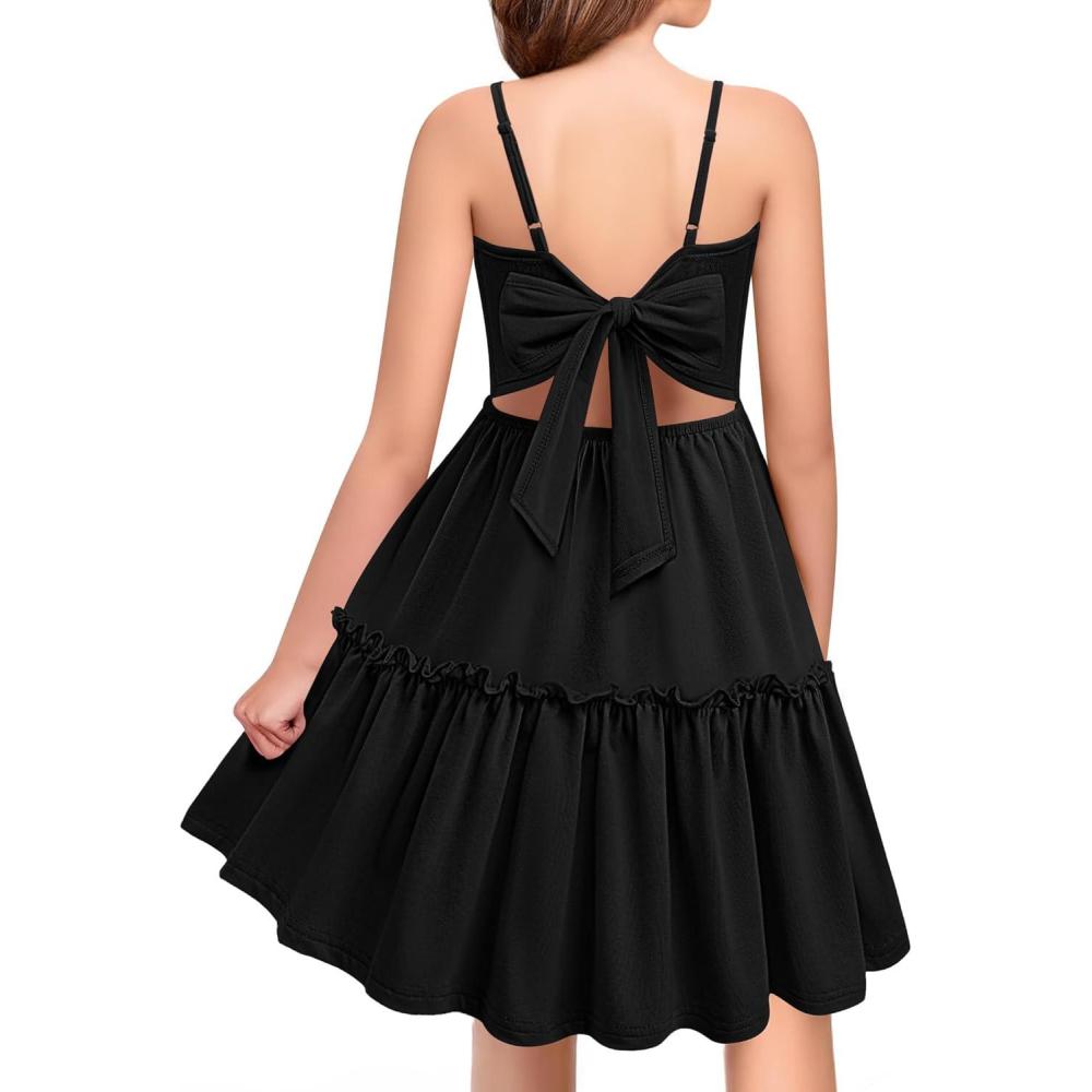 imageArshiner Girls Tie Back Dress Spaghetti Strap Ruffle Hem Casual Summer Beach Sundress with PocketsBlack