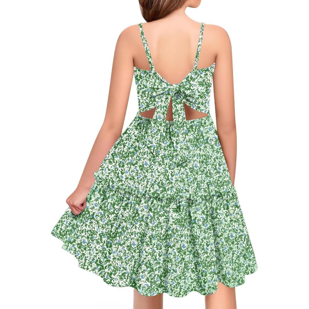 imageArshiner Girls Tie Back Dress Spaghetti Strap Ruffle Hem Casual Summer Beach Sundress with PocketsFloral Green