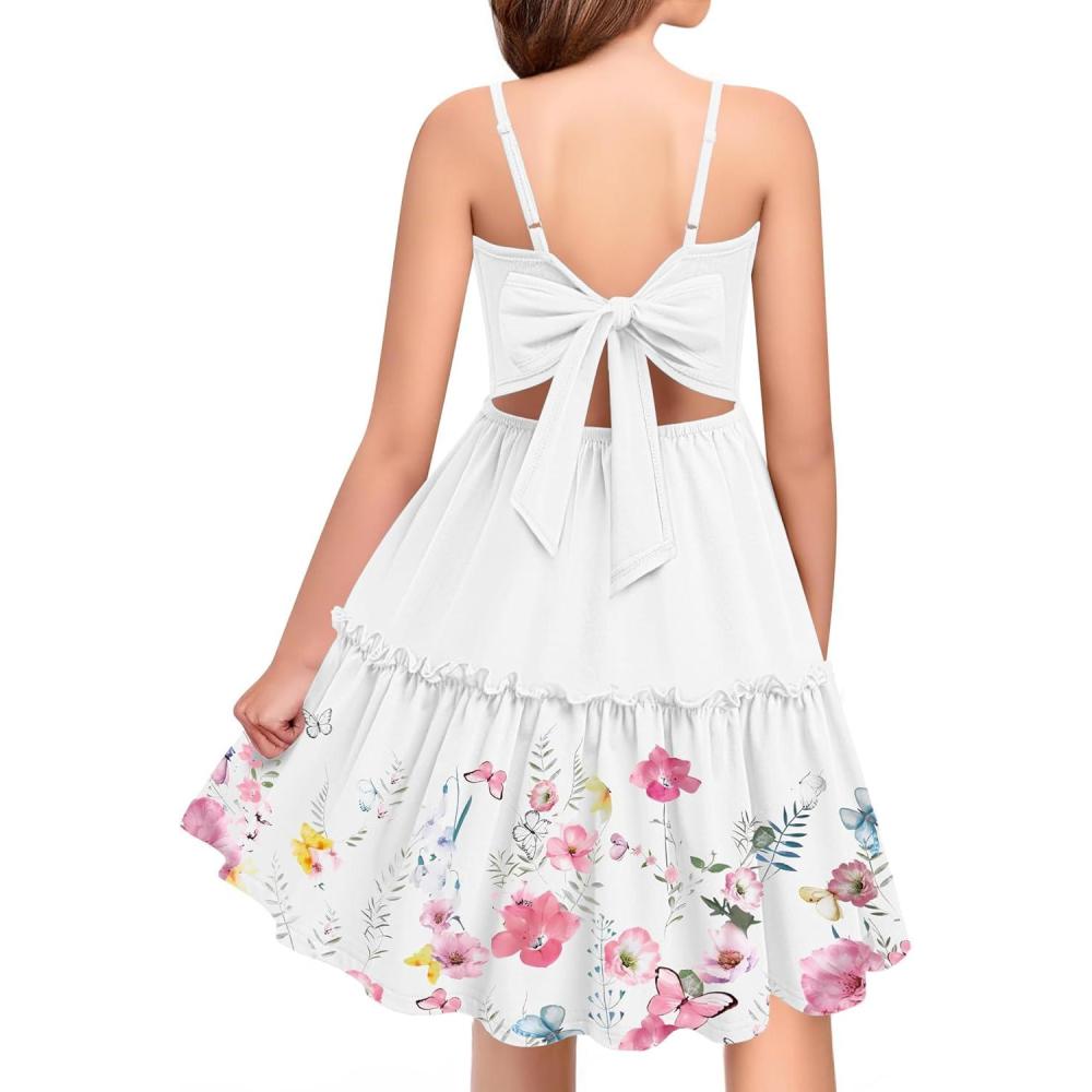 imageArshiner Girls Tie Back Dress Spaghetti Strap Ruffle Hem Casual Summer Beach Sundress with PocketsFloral Pink