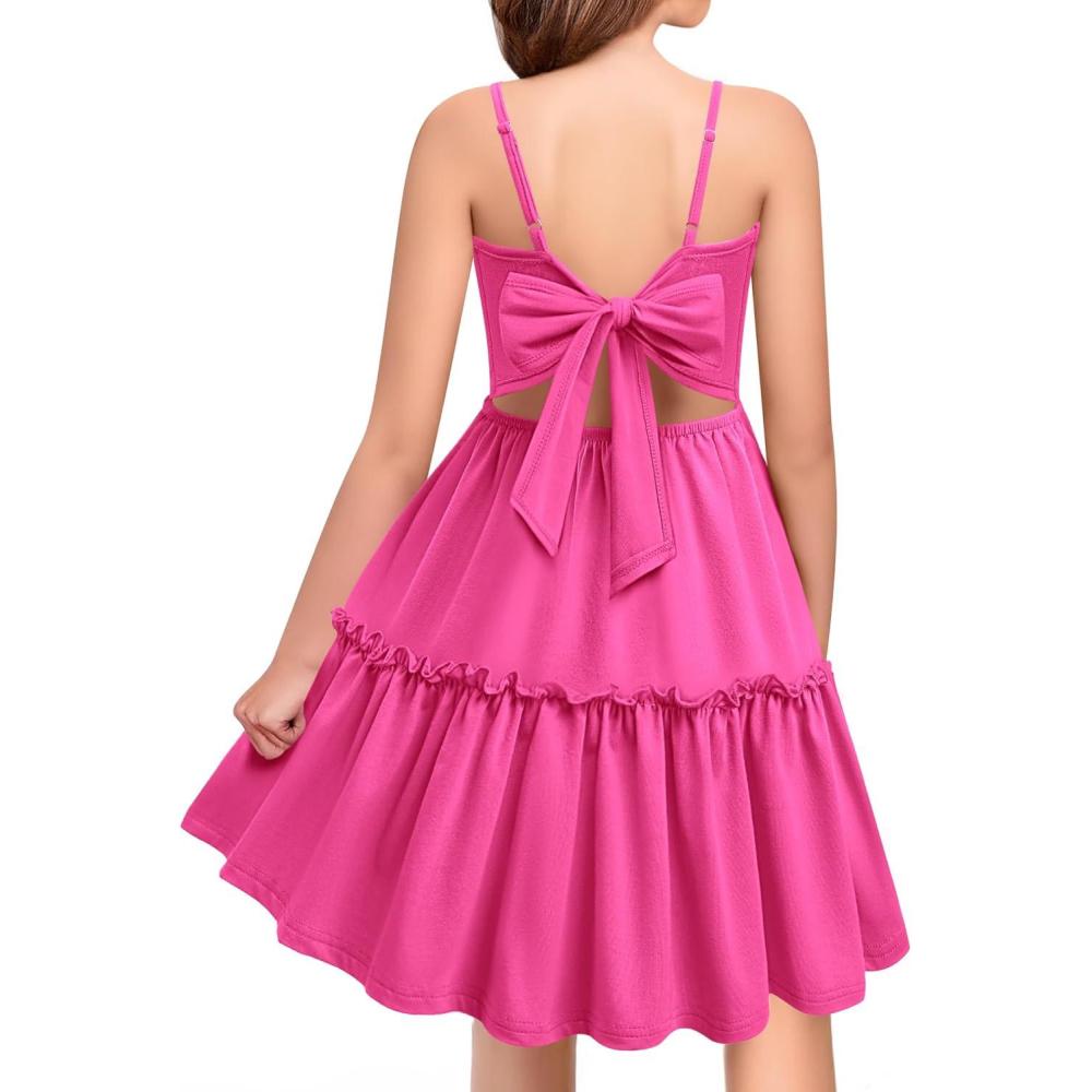 imageArshiner Girls Tie Back Dress Spaghetti Strap Ruffle Hem Casual Summer Beach Sundress with PocketsHot Pink