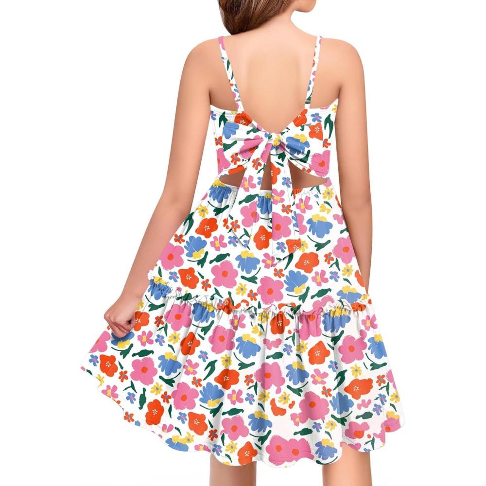 imageArshiner Girls Tie Back Dress Spaghetti Strap Ruffle Hem Casual Summer Beach Sundress with PocketsPink Blue
