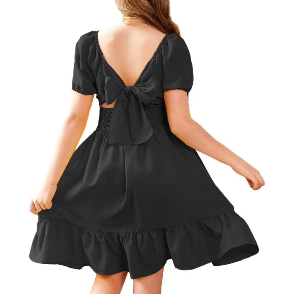 imageArshiner Girls Tie Back Short Sleeve Ruffle Hem Off Shoulder Casual Elegant Dresses 412 YearsBlack