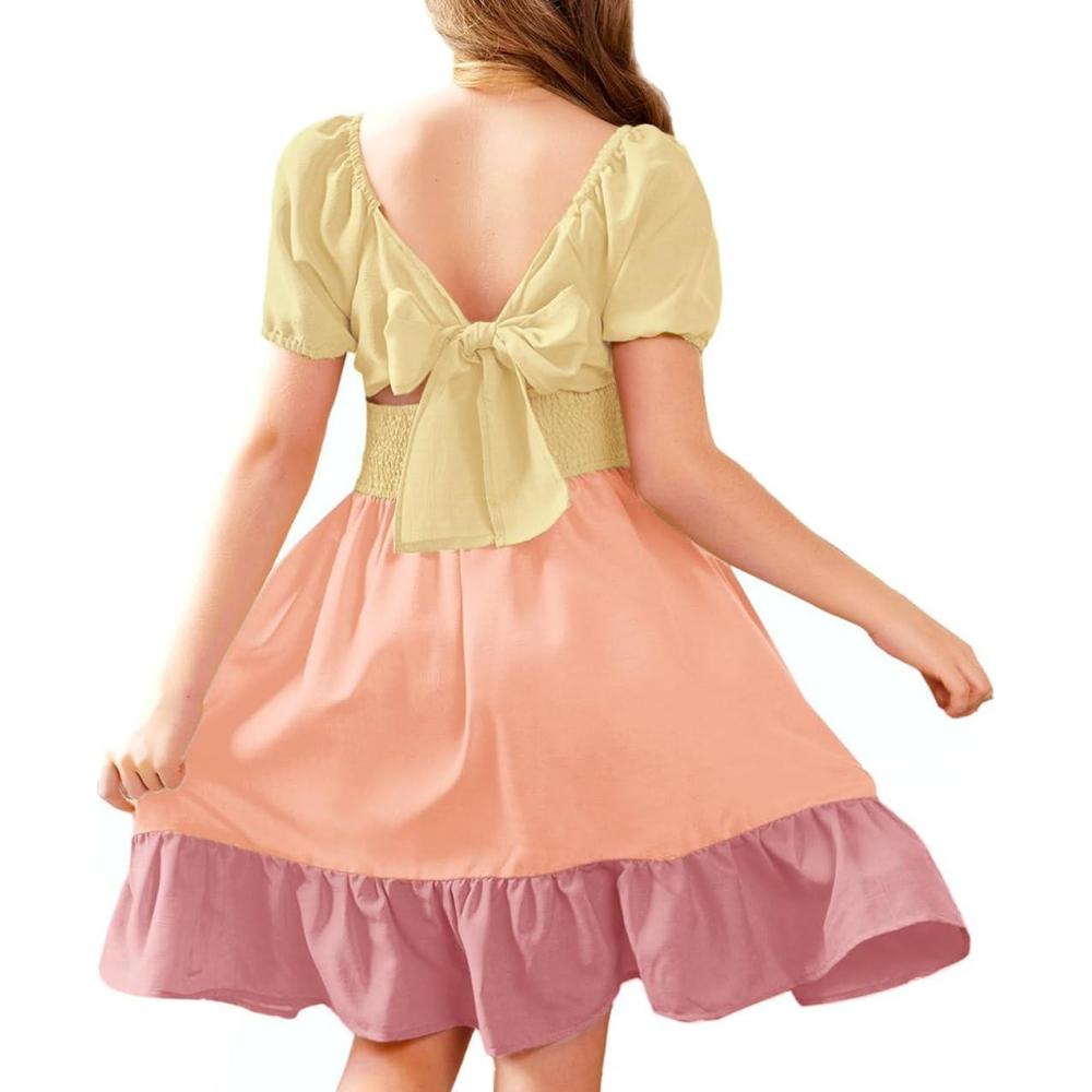 imageArshiner Girls Tie Back Short Sleeve Ruffle Hem Off Shoulder Casual Elegant Dresses 412 YearsBpink Pattern