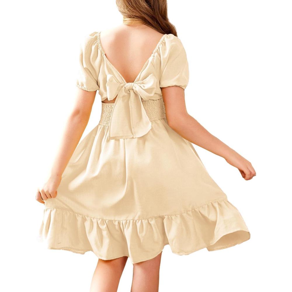 imageArshiner Girls Tie Back Short Sleeve Ruffle Hem Off Shoulder Casual Elegant Dresses 412 YearsLight Brown