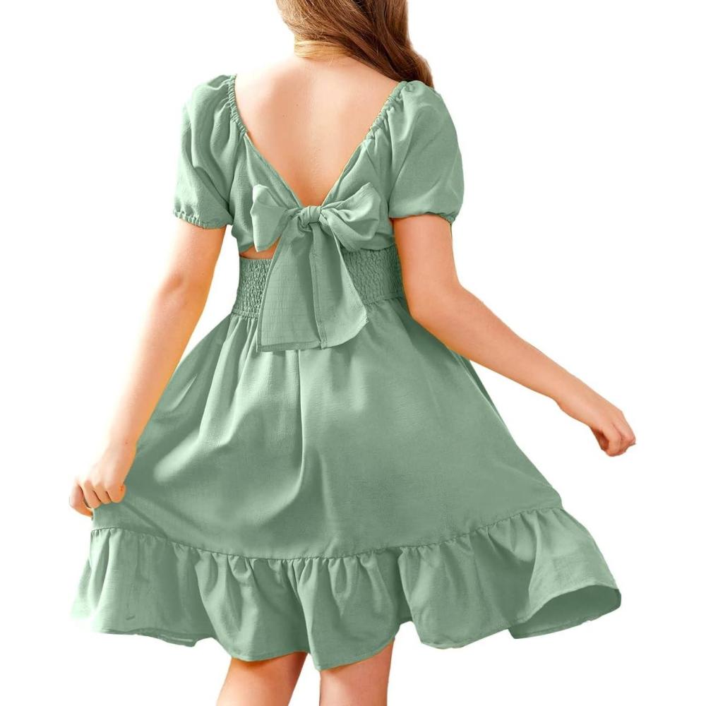 imageArshiner Girls Tie Back Short Sleeve Ruffle Hem Off Shoulder Casual Elegant Dresses 412 YearsLight Green