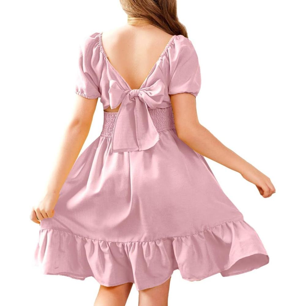 imageArshiner Girls Tie Back Short Sleeve Ruffle Hem Off Shoulder Casual Elegant Dresses 412 YearsPink